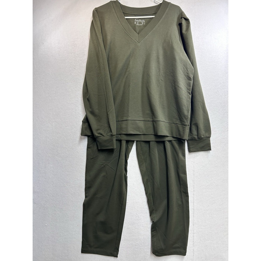 AnyBody Women's Green 2-Piece Sweatsuit Set V-Neck Pullover Elastic Waist Size M